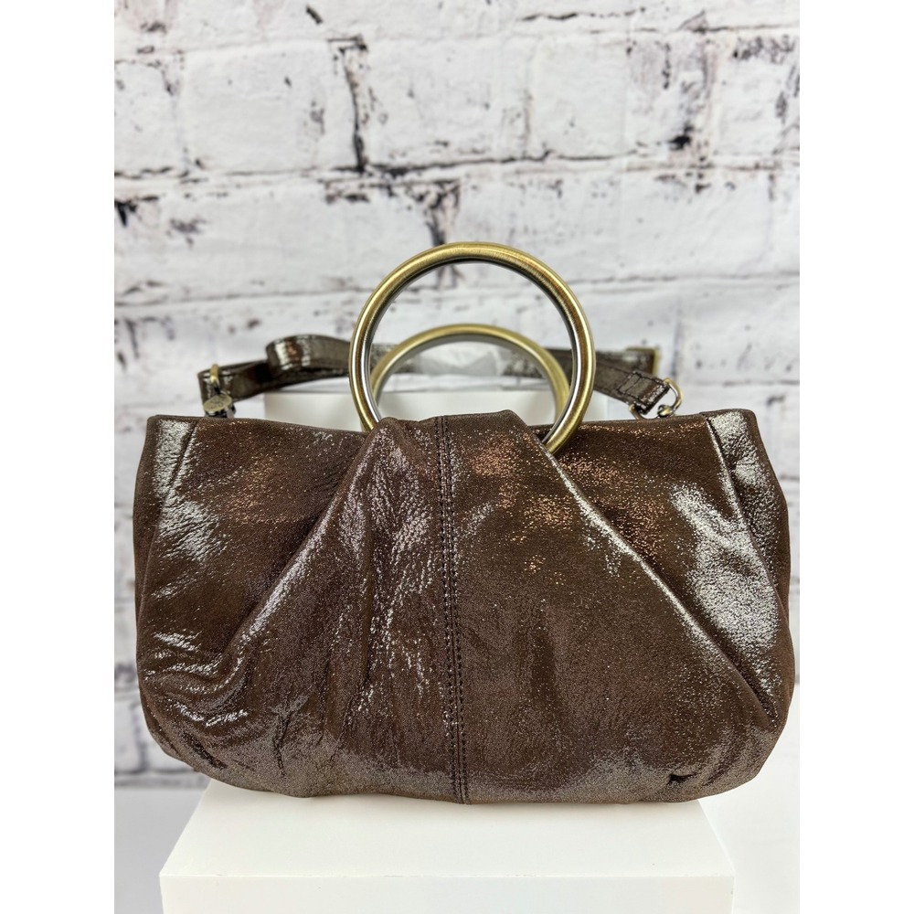 Hobo Brown Leather Metallic‎ Ring Handle Shoulder Bag Purse - Picture 6 of 12